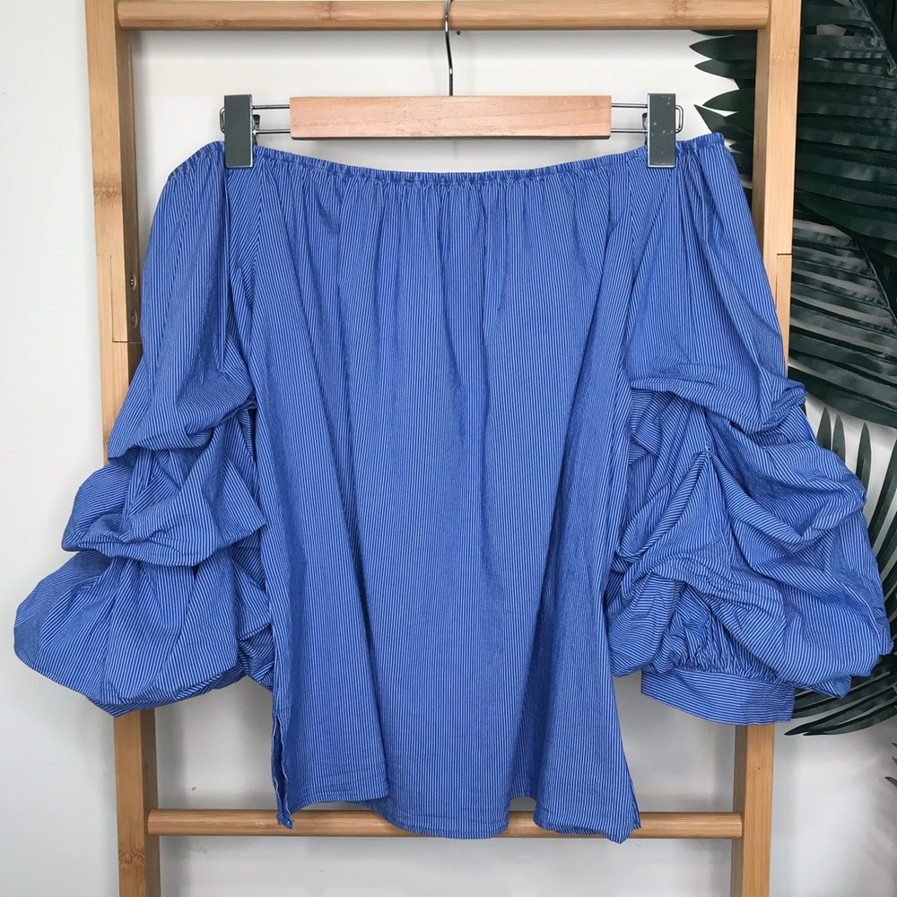 SOLD Zara Blue Striped Ruffle Sleeve Top Blouse M - Picture 3 of 14